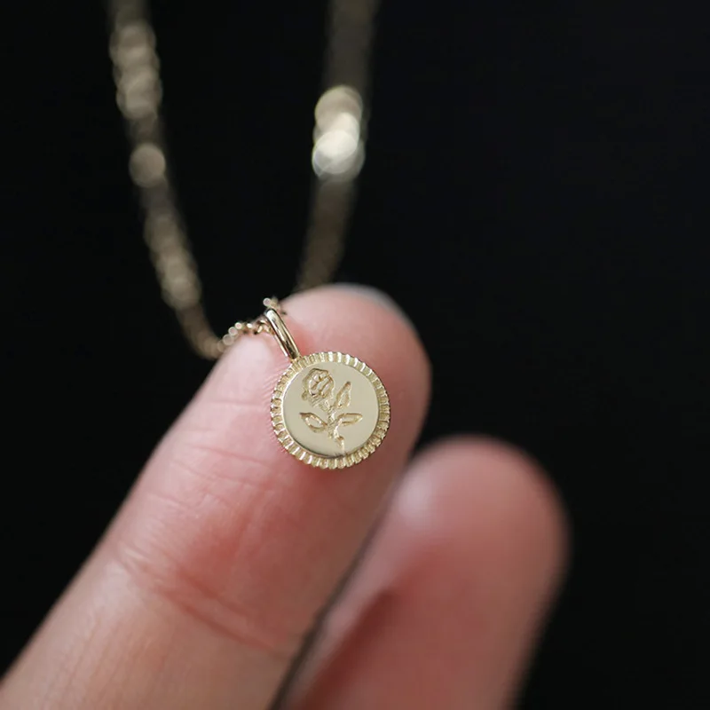 HI MAN 925 Sterling Silver Simple Rose Coin Pendant Necklace Women Plated 14K Gold European Sweet Love Jewelry Gift
