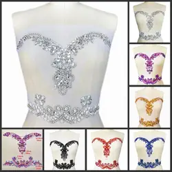 BEADED V-Neck AB Sew On Patch Applique Rhinestones Crystal For Bridal Design Sewing Wedding Clothes Chest Belt Decoration diy