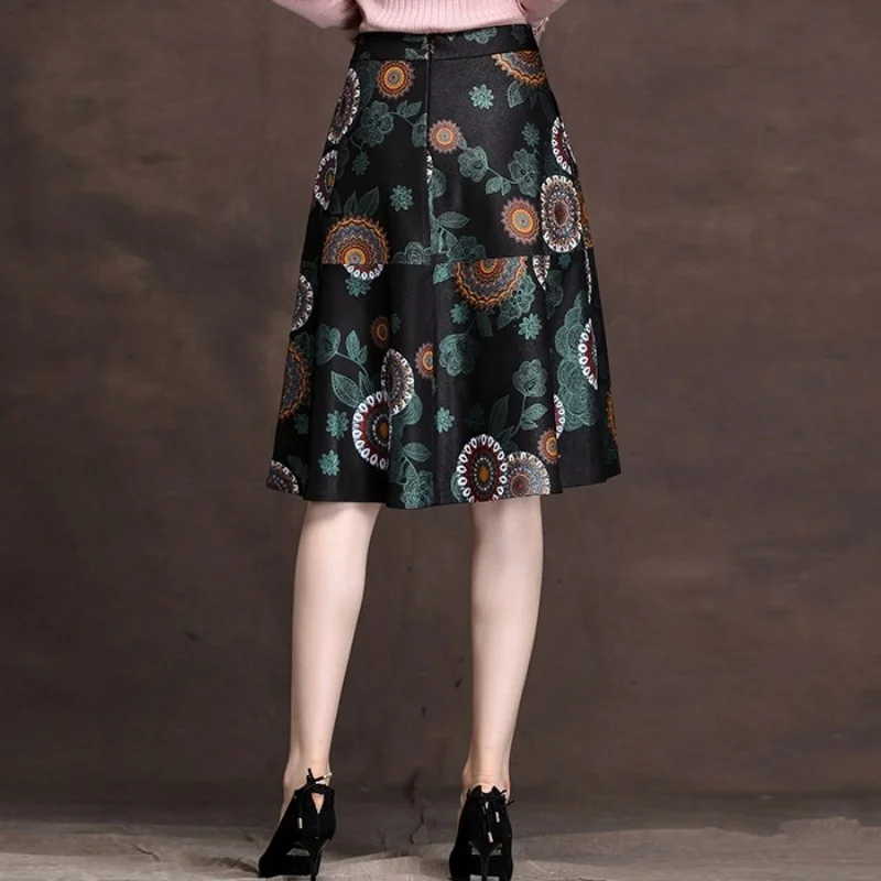 Spring 2022 New Women Real Leather Flower Printing A-Line Skirts Mid Long Office Lady Genuine Leather Slim Pleated Skirts Female