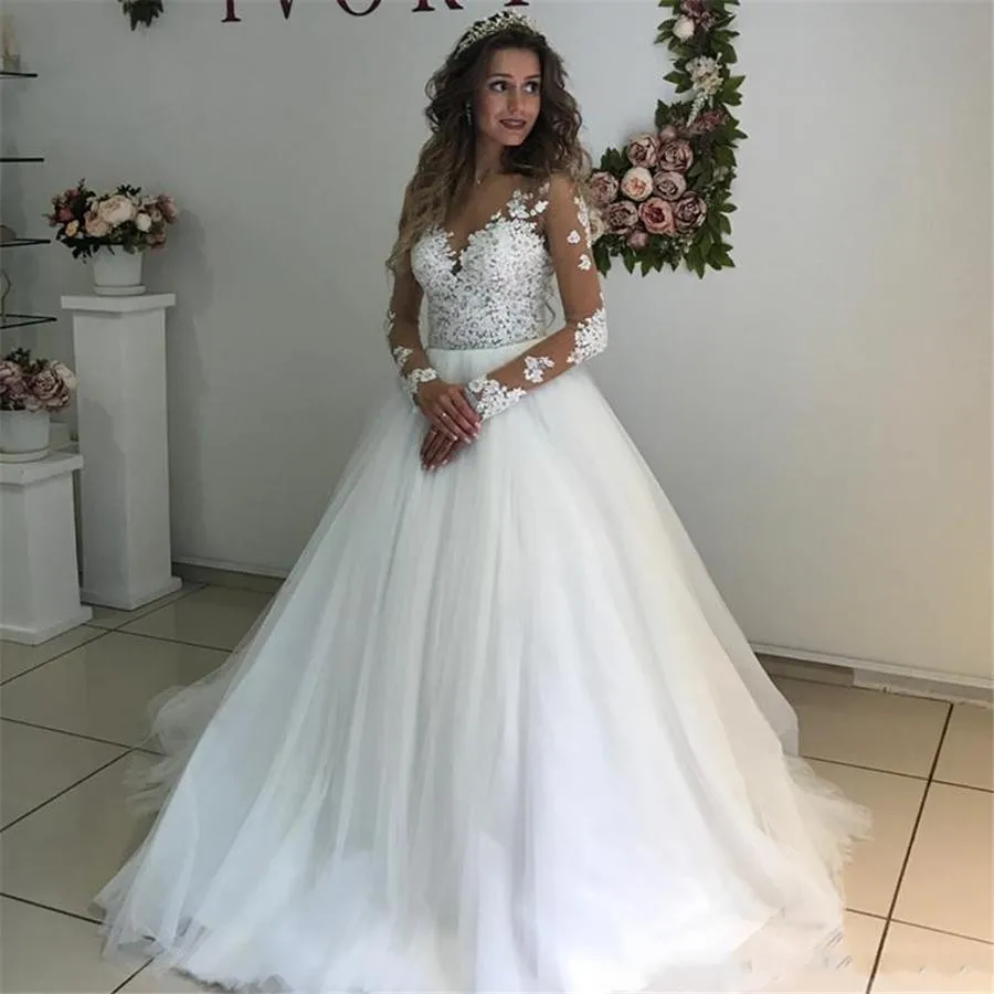 Elegante Spitze Appliques Long Sleeves Brautkleider 2021 Sehen Durch Weiß Tüll Brautkleider Vestido De Mariage