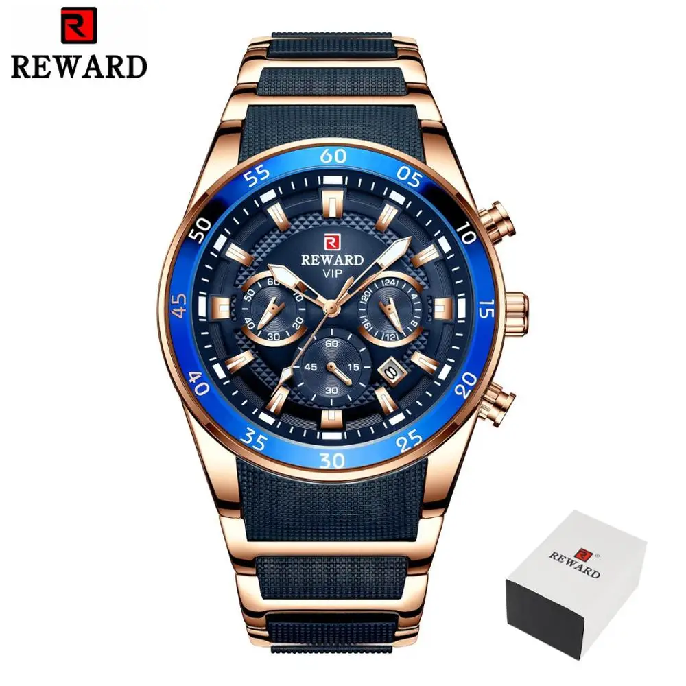 REWARD New Sport Watches for Men Fashion Stainless Steel Quartz Watches Waterproof Chronograph Wrist Watches Male