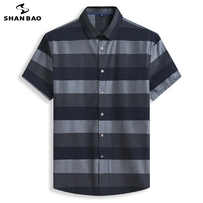 SHAN BAO High Quality Bamboo Fiber Striped Loose Short Sleeve Shirt 2022 Summer Brand Youth Men\'s Casual Shirt Navy Blue Red