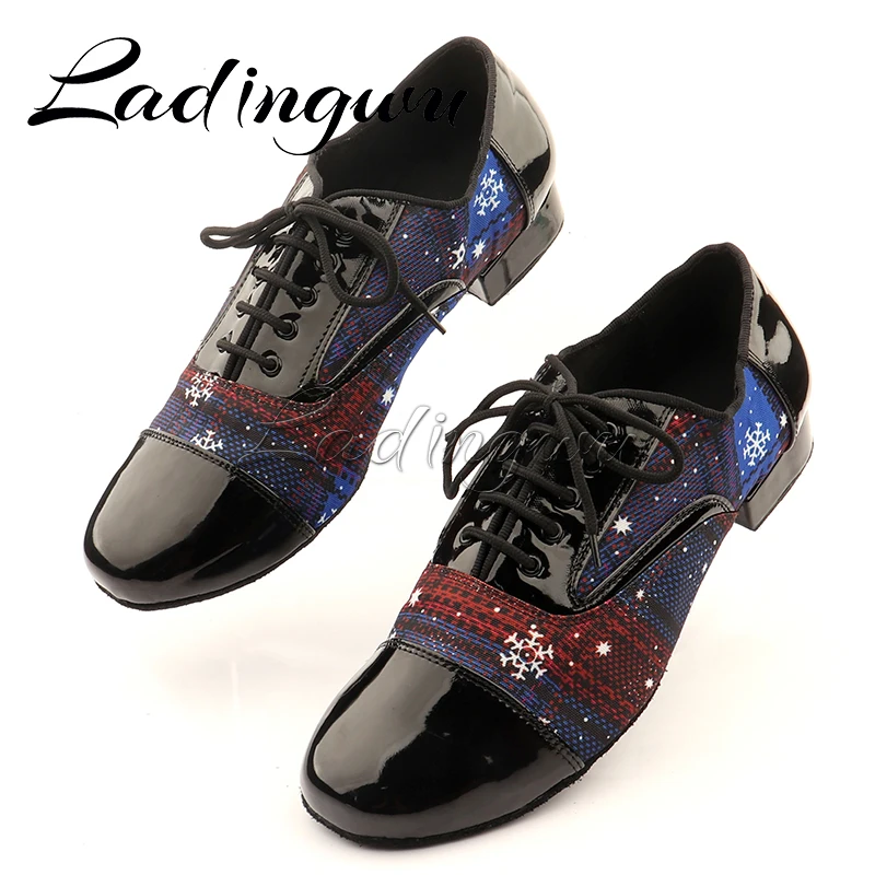 Ladingwu Men Low-heeled Dance Shoes Latin Dance Shoes Men Salsa Tango Ballroom Dance Shoes PU and Denim Christmas Doodle Blue