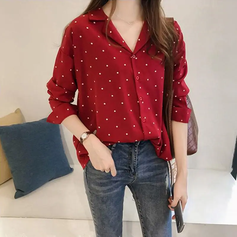 Large Size Women's Chiffon Shirts Polka Dot Printed Chiffon Female Long-sleeved Shirts Han Fan Bottoming Shirts