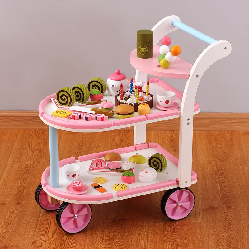 NEW Wooden Mother Garden Family Game Simulation Kitchen Toy Mini Tea Set Simulation Birthday Cake Gift for Kid Baby Carriage