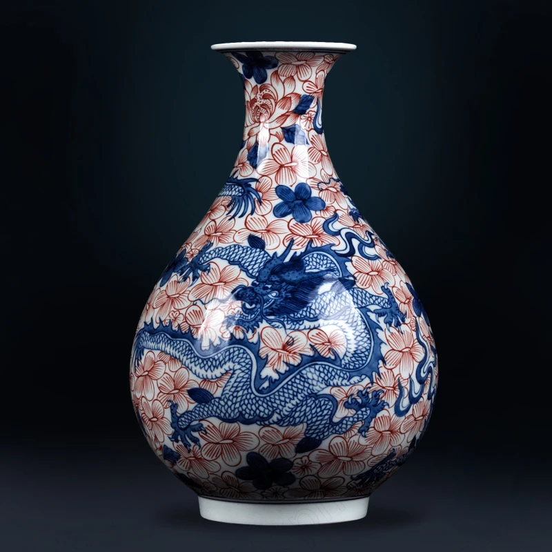 Hand-paint Dragon Pattern Ceramic Vase Chinese Retro Blue and White Porcelain Handicraft Ornaments Desktop Plant Pots Decorative