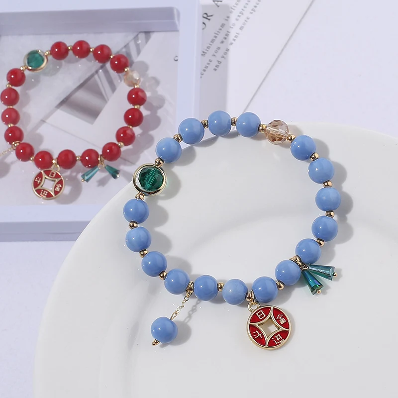 New Korean Handmade Candy Color Beads Lucky Bracelets & Bangles For Women Charm Coin Pendant Bracelet Female Jewelry Gifts