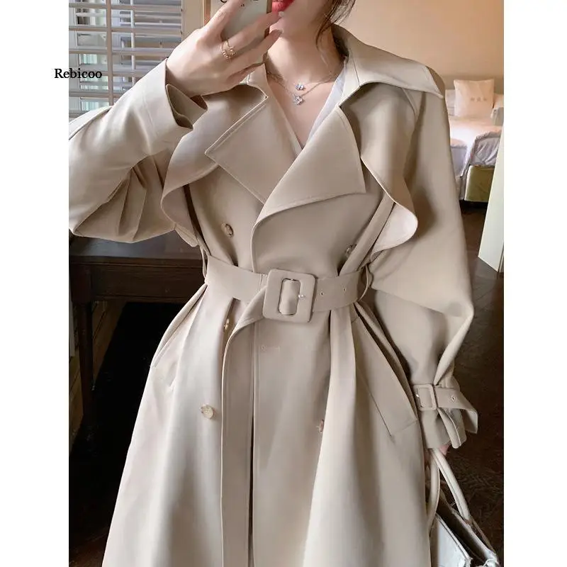 Autumn Winter 2021 New Long Windbreaker Women Full Sleeve Turn Down Collar Korean Style Vintage Long Trench Coat with Belt