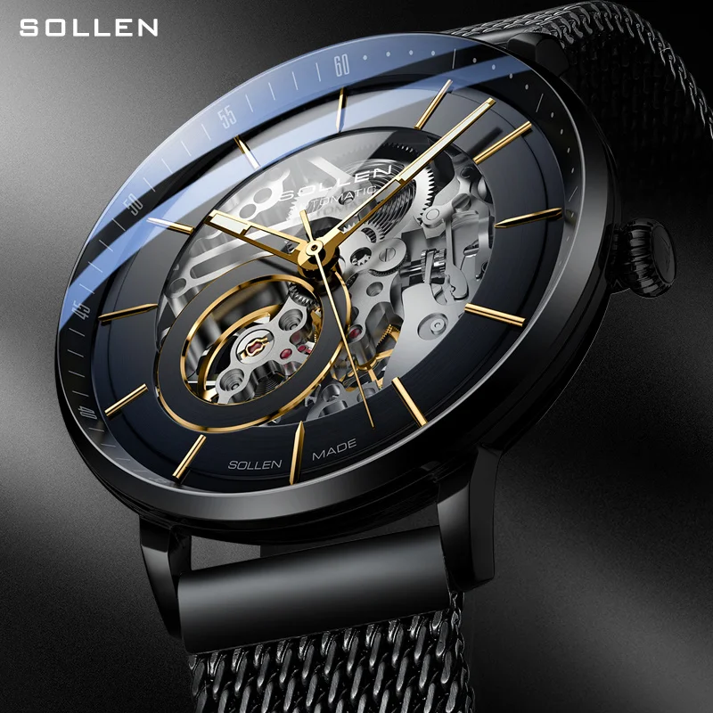 Switzerland Luxury Brand SOLLEN Automatic Mechanical Men‘s Watches Waterproof Dual Skeleton Luminous Steel Mesh Band Clock SL316