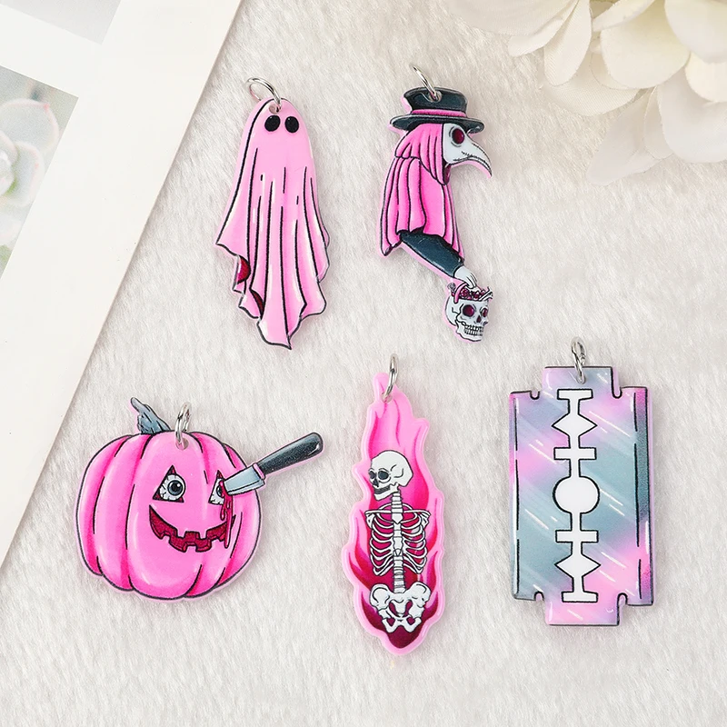 10Pcs Pastel Goth Halloween Ghost Pumpkin Blade Charms Spooky Creative Acrylic Pendant For Earring Necklace Diy Making