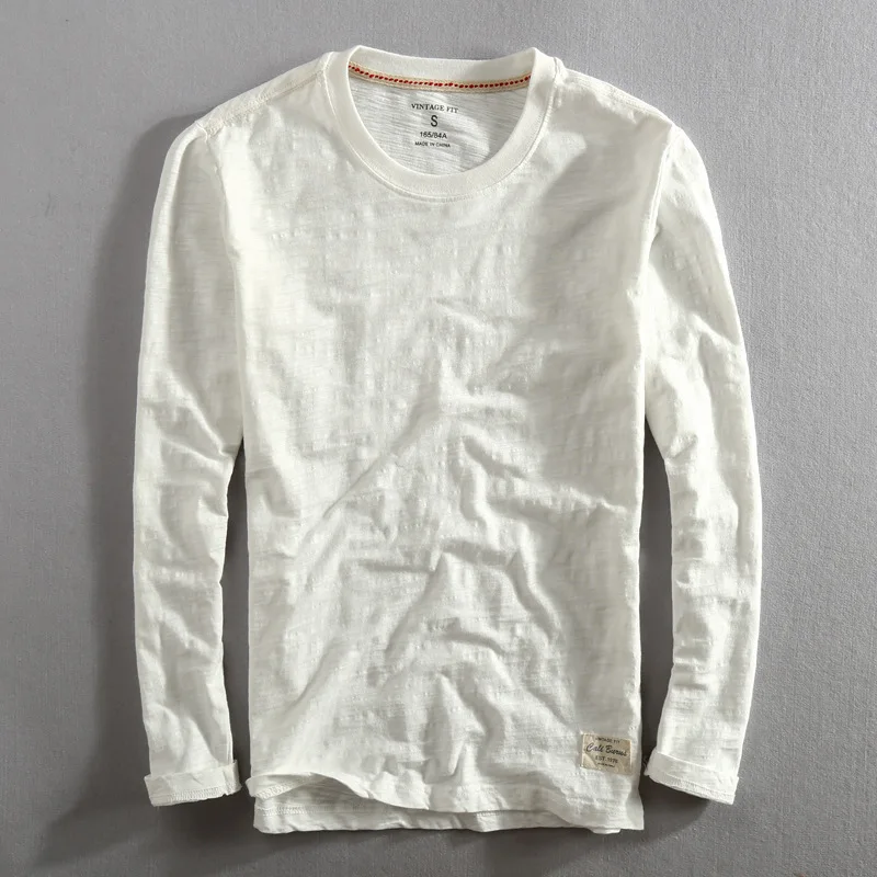 Men\'s Vintage Solid Bamboo Cotton Long Sleeve T-Shirt Male Tops O-Neck Casual Thin Tees Slub T Shirts