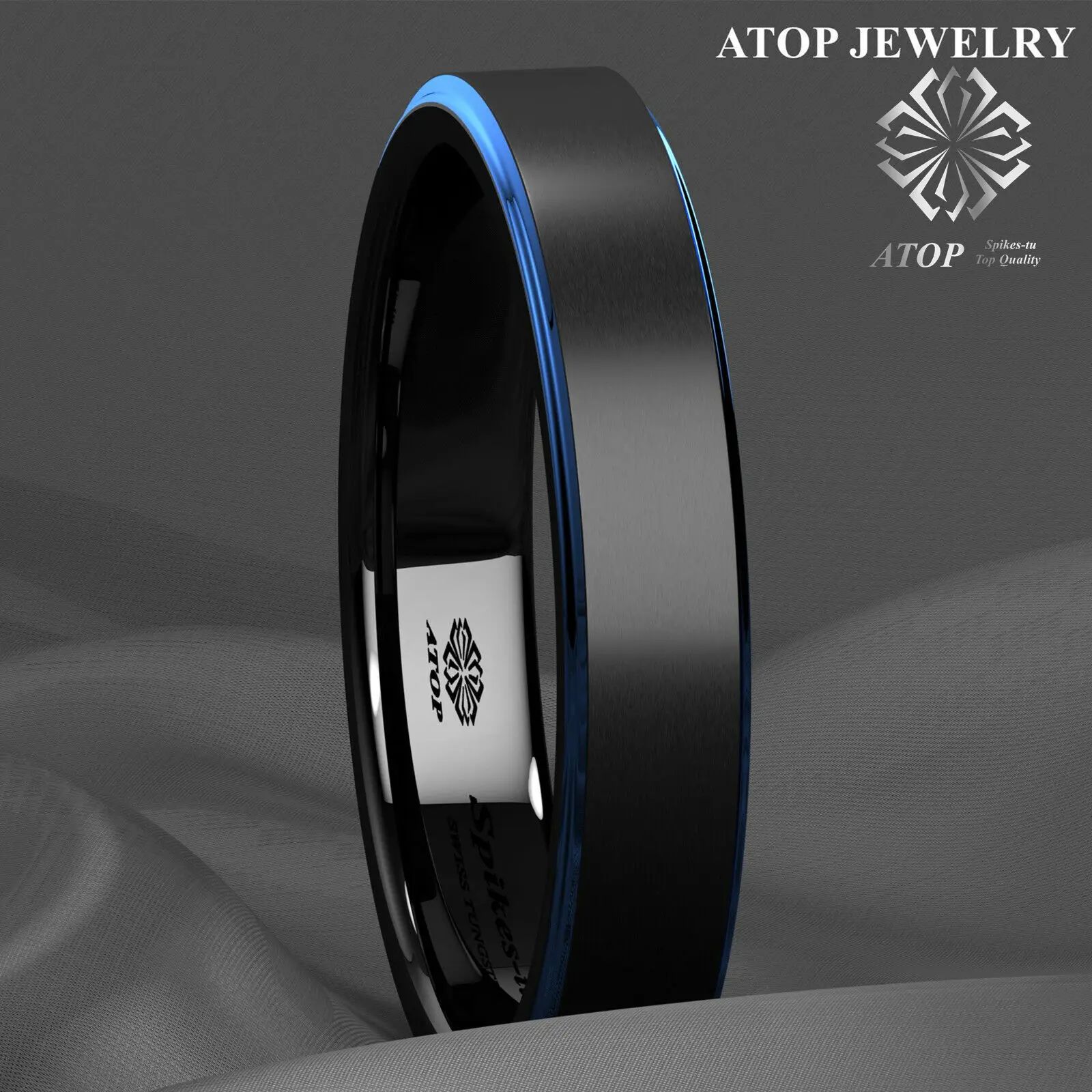 6mm Men\'s Wedding Band Tungsten Carbide Ring Black Brushed Blue Stripe Free Shipping