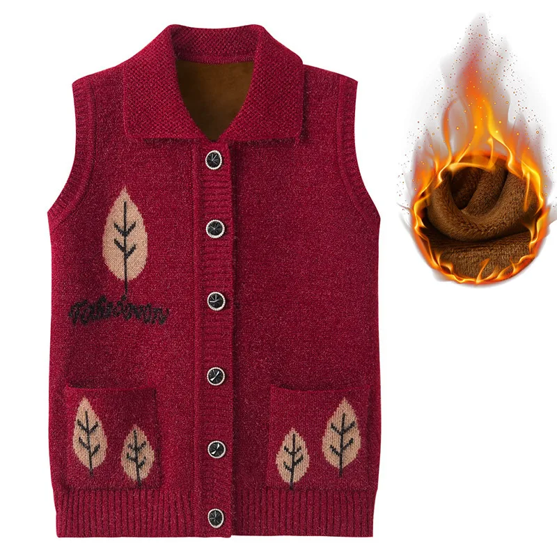 Middle Aged Elderly Spring Autumn Knitted Vest Winter Plus Cashmere Mother\'s Gift Sweater Vest XL-4XL Pull Sans Manches Femme