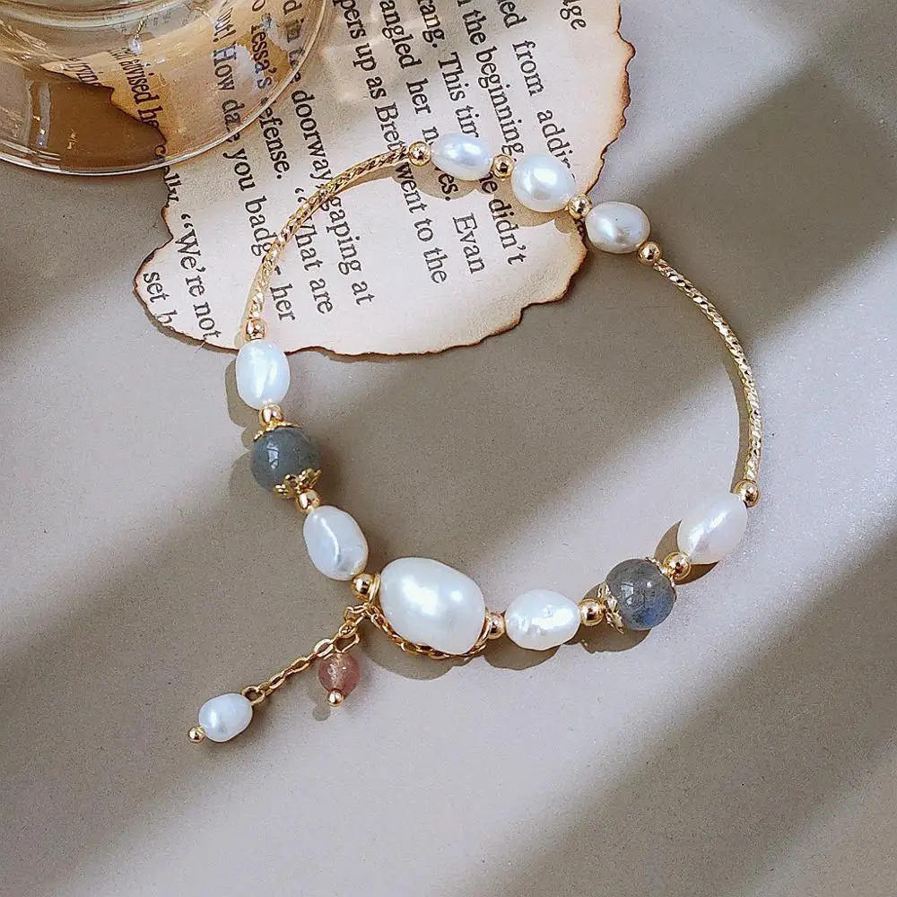 New Arrival 14K Gold Filled Baroque Natural Freshwater Pearl Moonstone Female Bracelet Promotion Jewelry For Women Wedding Gift