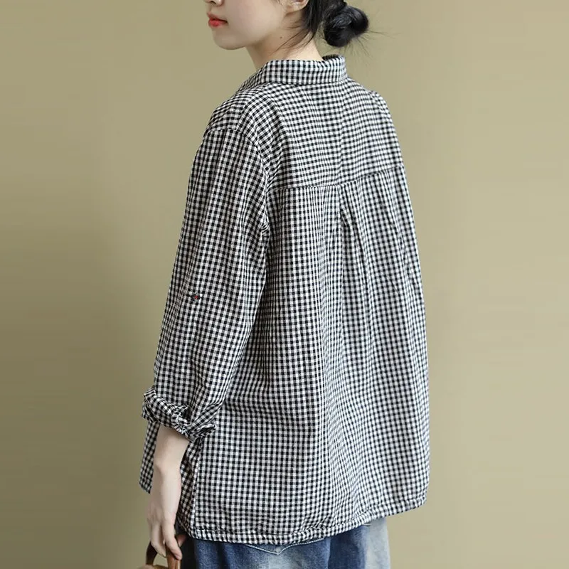 Women Casual Shirt New 2020 Korean Style Vintage Plaid Cartoon Embroidery Oversized Female Woman Blouses Shirts P1278