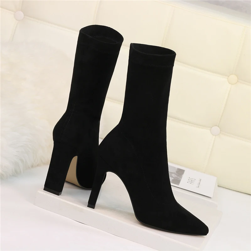 2023 Winter New Comfortable Women Sock Boots Square High Heels Suede Ankle Boots Fashion Pointed Toe Fall Stretch Shoes Big Size