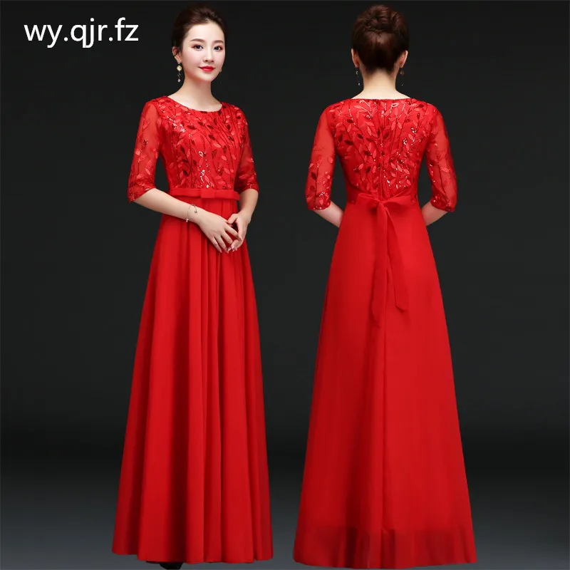 

WMLF-78#Long Evening Dress Red Sequins Embroidery Middle sleeve Costume Chorus Party Prom Dress Chenp Wholesale women Clothing