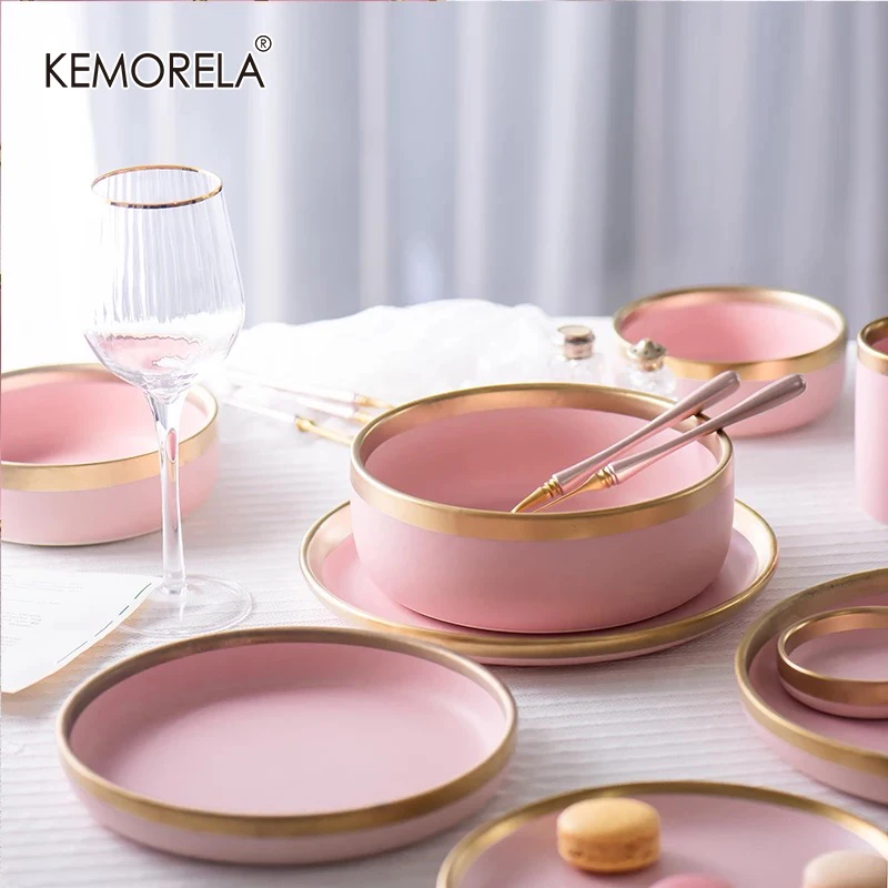 1pcs European Style Matte Powder Gold Ceramic Western Tableware Rice Dish cup Steak Dish Western Dish Dessert Plate Nordic Style