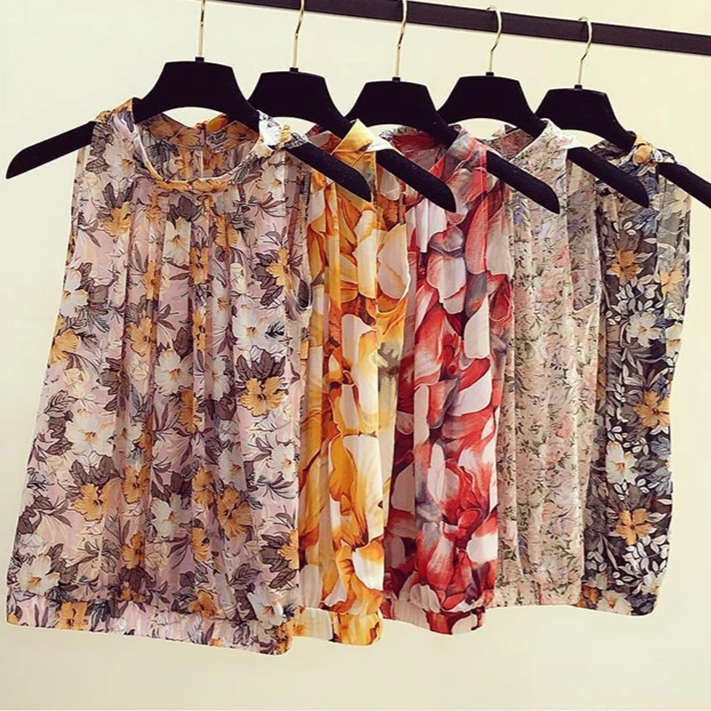 Chemisier à fleurs en mousseline de soie pour femmes, décontracté, sexy, mode coréenne, élégant, ample, sans manches, rétro, chemise vintage, été,
