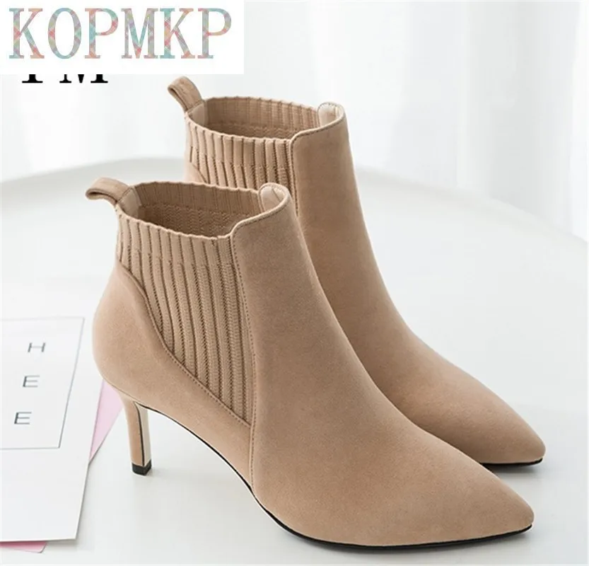 Buty damskie buty do kostek stado szpiczasty nosek 7CM na cienkim obcasie buty zimowe kobieta wełna elastyczny pokrowiec na buty damskie