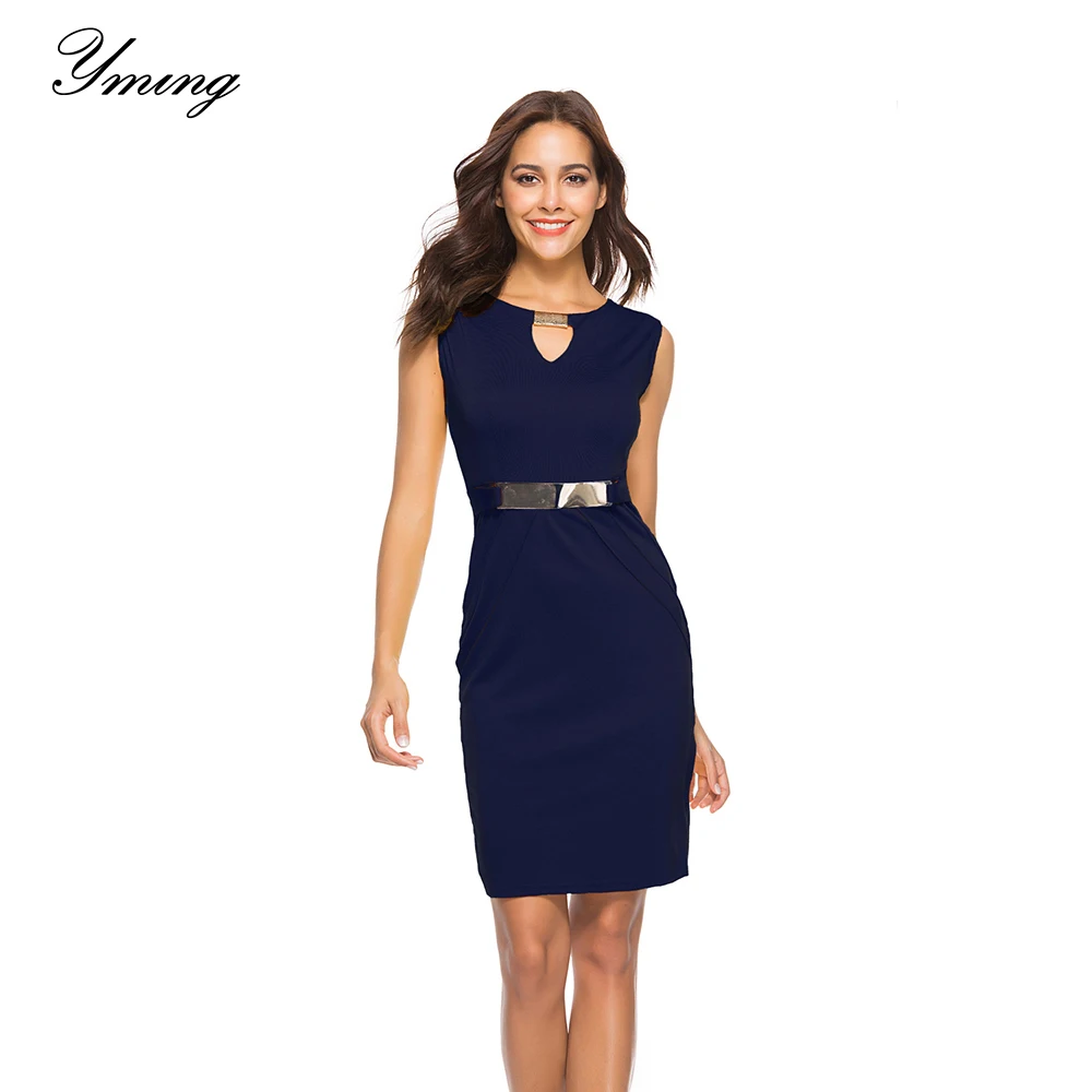 

YMING Women's Summer Slim Pencil Dresses Sleeveless Zip Hip Dress Casual Work Elegant Dress Solid Color V-neck Ladies Dress