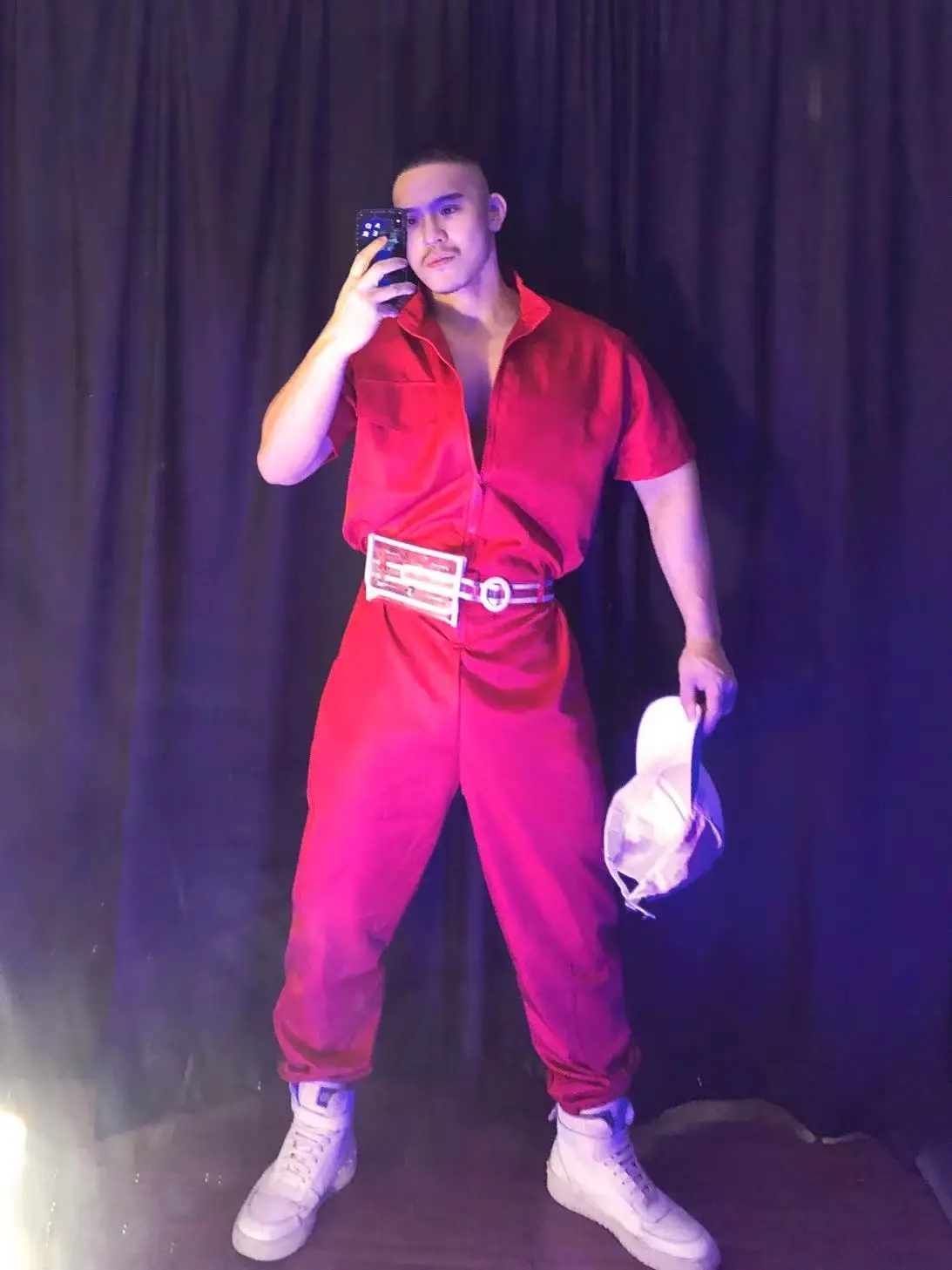 Homens hip hop dança de rua macacão traje vermelho solto manga curta macacão bar boate dj cantor dançarino gogo desempenho roupas