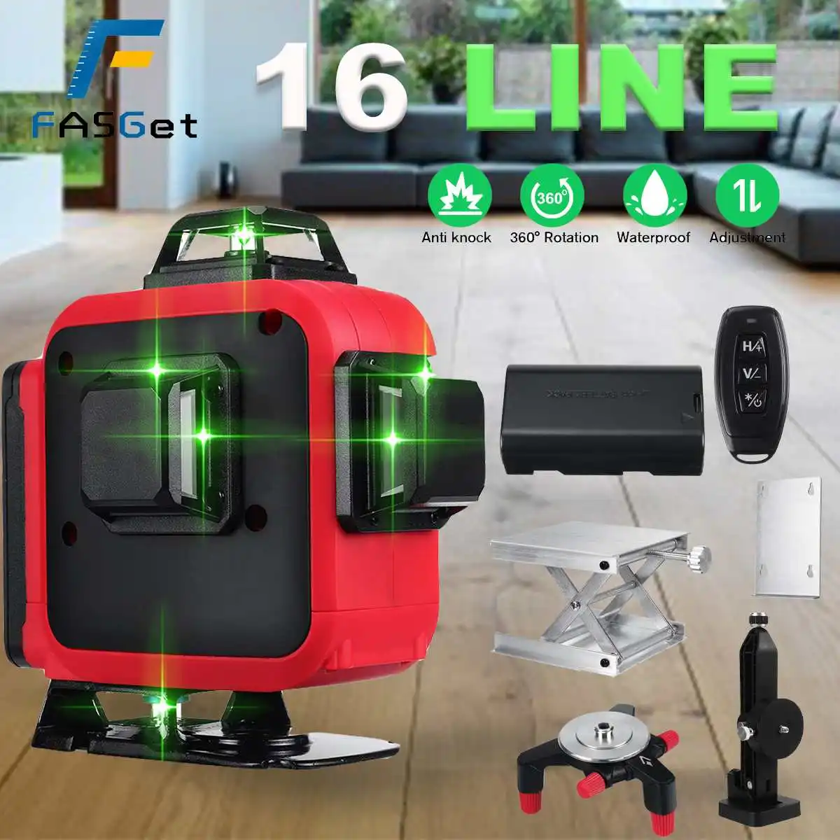 16 Lines 4D Green Laser Level Horizontal And Vertical Cross Lines With Auto Self-Leveling, Indoors and Outdoors