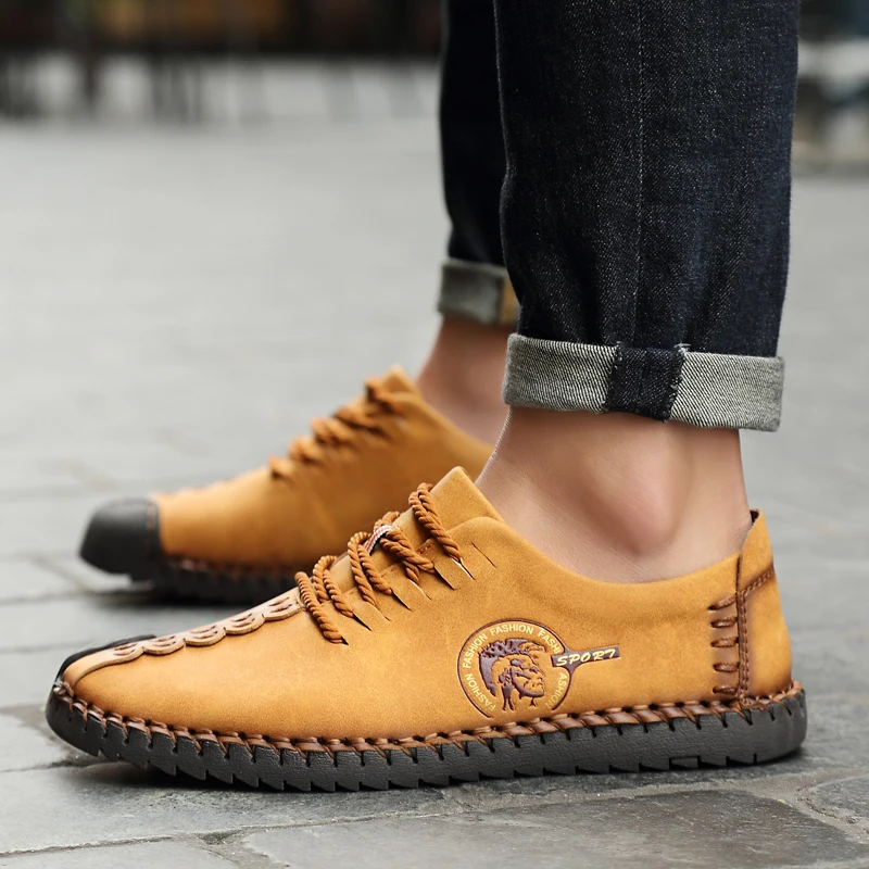 

Size 38-47 Hand-stitching Casual Leather Shoes Husband Men Comfortable Slip On Loafers Yellow Soft Leather Male Flat Boat Shoes