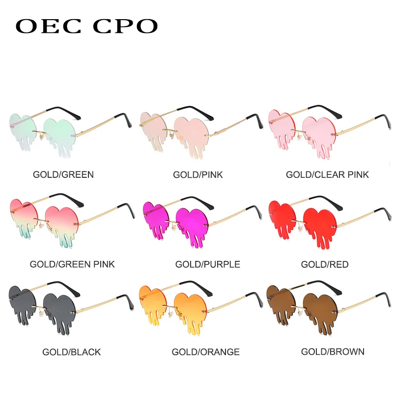 OEC CPO Vintage Rimless Sunglasses Women Fashion Heart Shape Sunglasses For Women New Pink Green Shades Glasses Men Eyewear O720