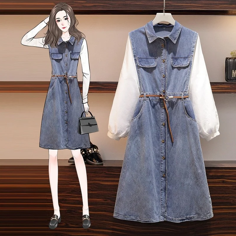 Dress Spring 2022 Plus Size Elegant Denim Women Preppy Style Slim Fit Belt Long Sleeve Short Dress Casual Patchwork Botton Dress