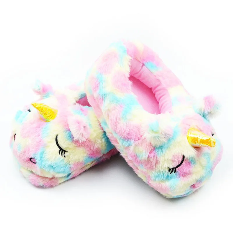 Women Cartoon Rainbow Unicorn Slippers Girls Winter Plush Warm Home Slippers Indoor Shoes Slides Cotton Shoes