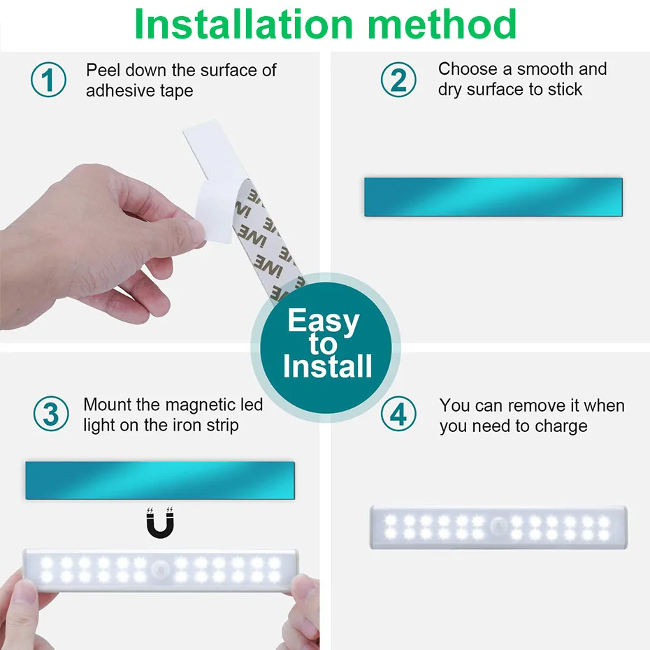 Luz LED nocturna con Sensor de movimiento PIR para cocina, lámpara de inducción recargable por USB, 24/40/60 LED, con imán, para debajo del armario