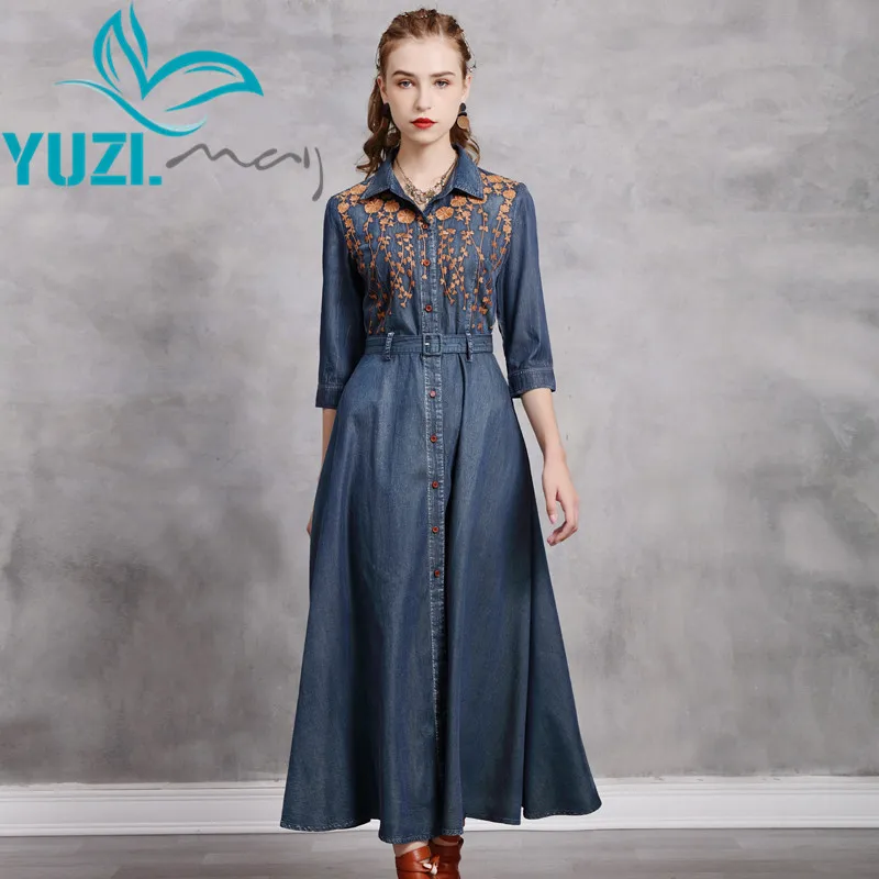 Kleid Für Frauen 2020 Yuzi. kann Boho Neue Denim Frauen Kleider drehen-unten Kragen Hohe Taille Einreiher Vestido Feminino A82259