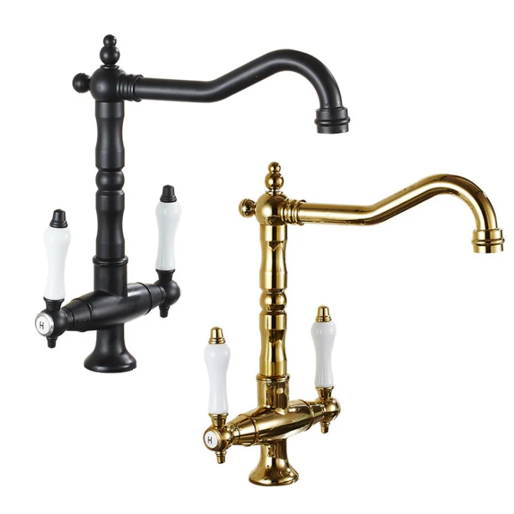 

Modern brass black gold seated double handle kitchen sink cold and hot water faucet single hole basin faucet bathroom mixer tap