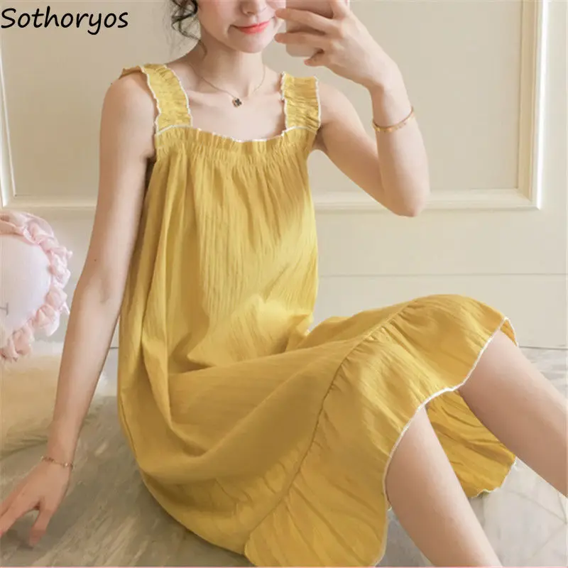 

Nightgowns Women Ruffles Solid Loose Large Size 2XL Spaghetti Strap Candy Color Home Clothing Novelty Lovely Ladies Trendy Chic