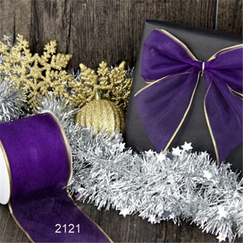 

63MM X 25yards Wired purple organza ribbon with gold edges for gift wrapping christmas decoration N2121