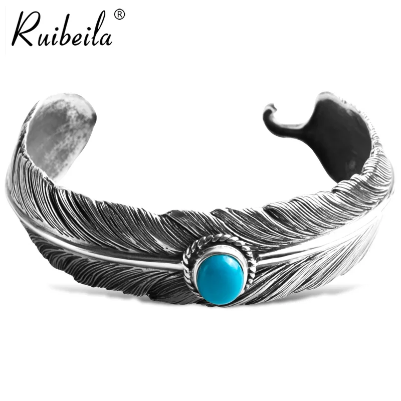 

Nouveau authentique style indien en argent 925 Takahashi Goro turquoise plume à la main ouverture bracelet masculin