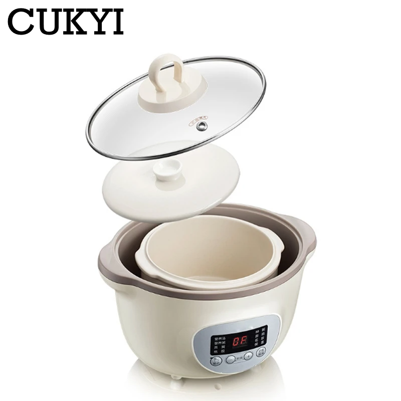 CUKYI 1.6L Household Electric Slow Cooker Stew Pot Ceramic Soup Pot Casserole Breakfast Machine Porridge Appointment 6 Menu 220V