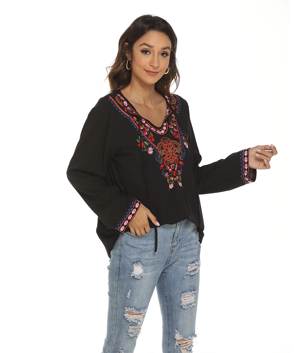 Embroidery Blouse for Women, Plus Size Mexican Shirt, Long Sleeve V-neck, Lace Up Vintage, Ethnic Embroidered Top, Black, Autumn