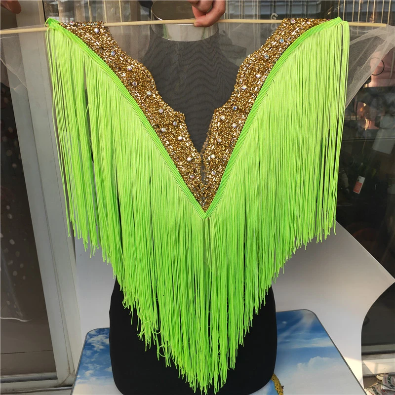 1pcs/lot Green Deep-V Neckline With Fringe Trim Tassel Embroidered Crystal Rhinestone Collar Necklace DIY Lace Dress Accessories