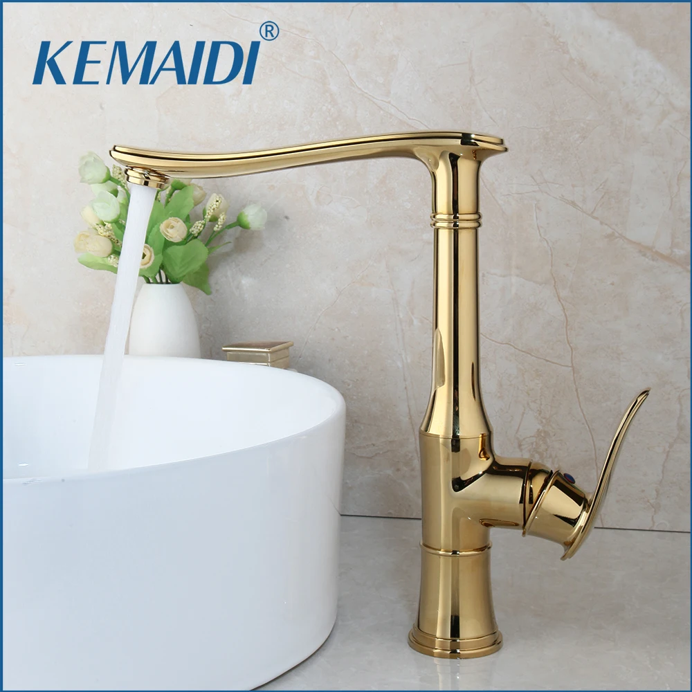 

KEMAIDI Gold Plated Long Faucet Golden Polished Stream Spout Basin Faucet Solid Brass Sink Faucet Deck Mount Water Mixer Tap