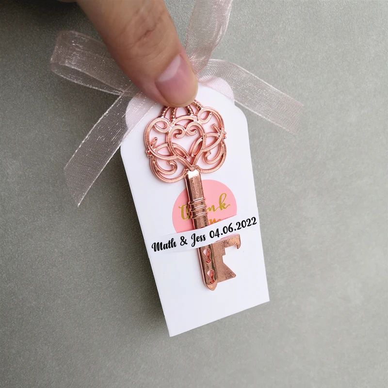 Hochzeitsgeschenke für Gäste Souvenirs Partygeschenke Kupferfarbener Skelettschlüssel Flaschenöffner mit personalisiertem Namensaufkleber – Detail 9