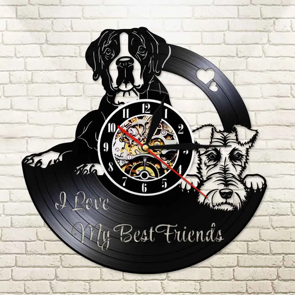 Best Friends Boxer And Fox Terrier Dog Laser Cut Longplay Wall Clock Artwork Wall Watch For Pets Shop Vinyl Album Record Clock