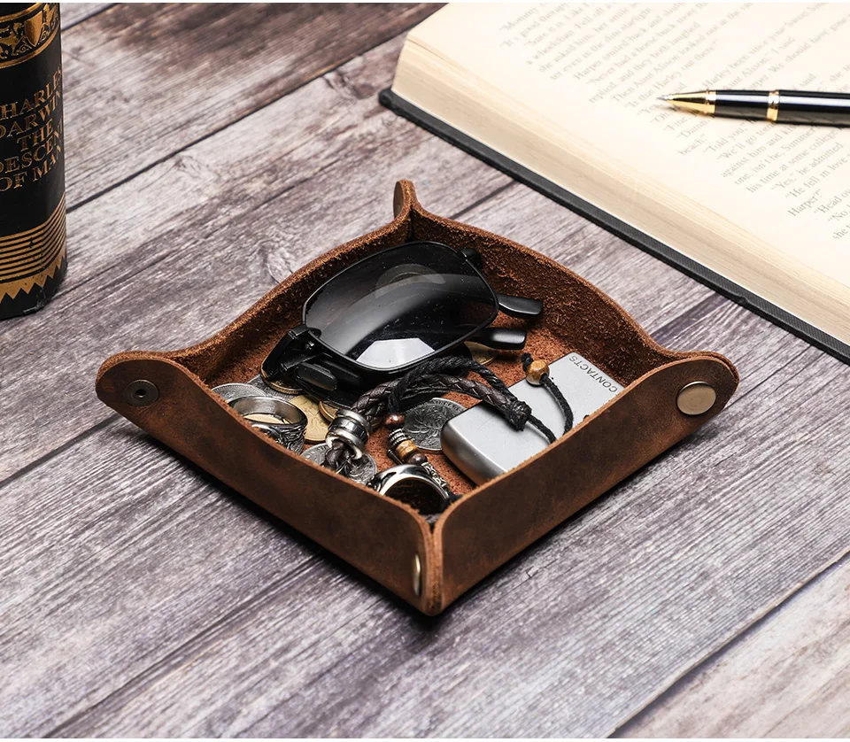Creative Genuine Leather Valet Snap Tray Home Ofiice Desk Organizer Jewelry Pen Key Coin Desktop Storage Tray Folding Storage