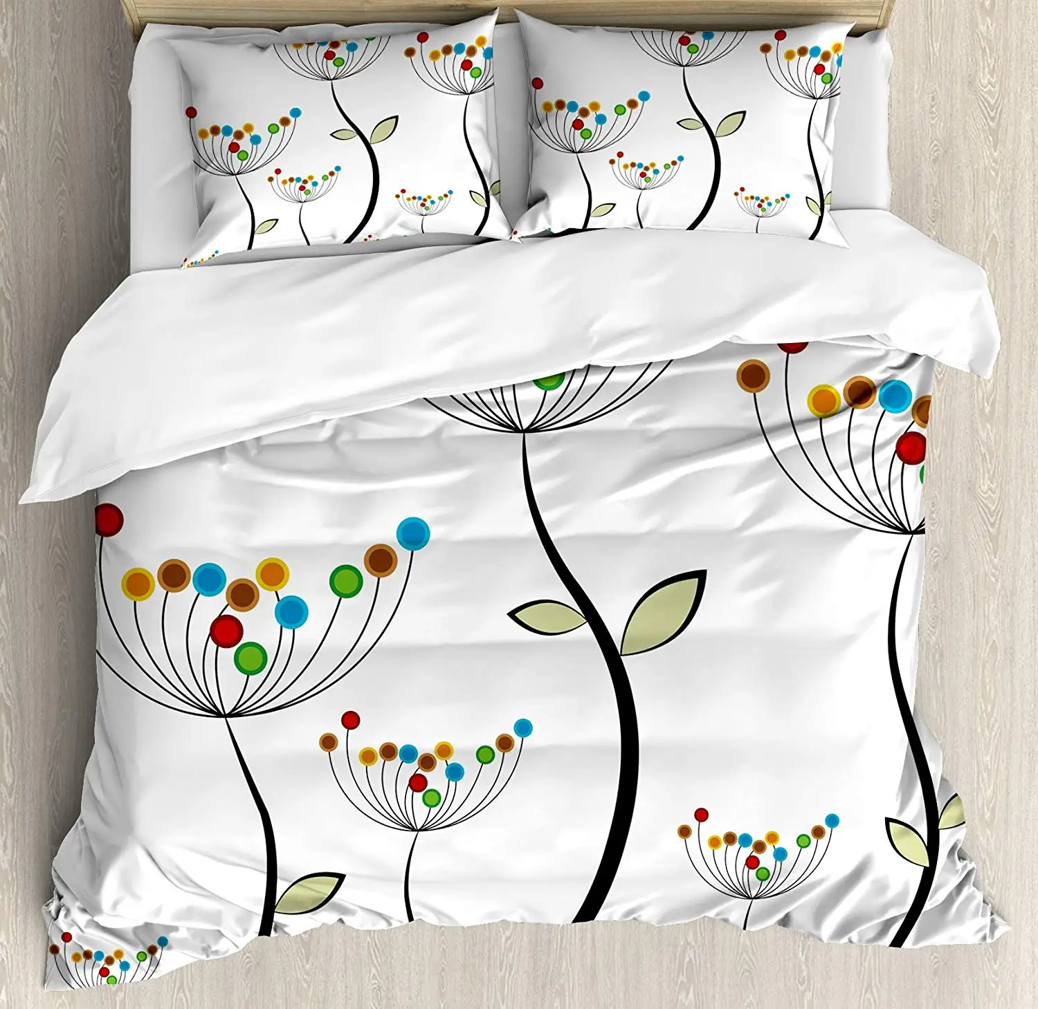 Garden Duvet Cover Set Colorful Dandelions Stems Buds Leaves Bedding Plants Wildlife Meadow Cottage Theme Decorative 3 Piece