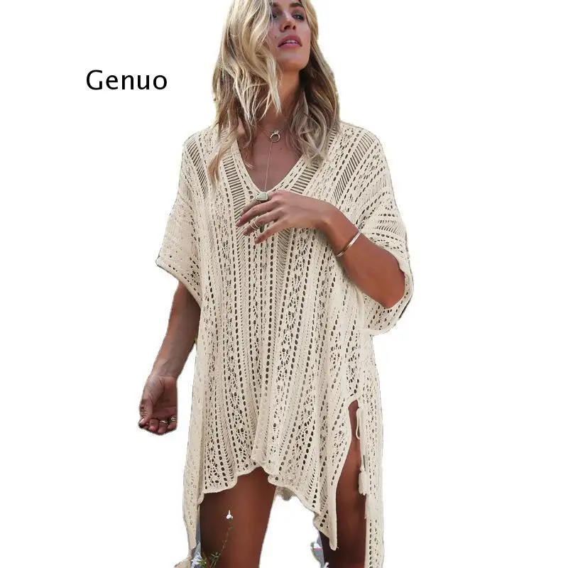 

New Knitted Beach Cover Up Women Bikini Swimsuit Cover Up Hollow Out Beach Dress Tassel Tunics Bathing Suits Cover-Ups Beachwea