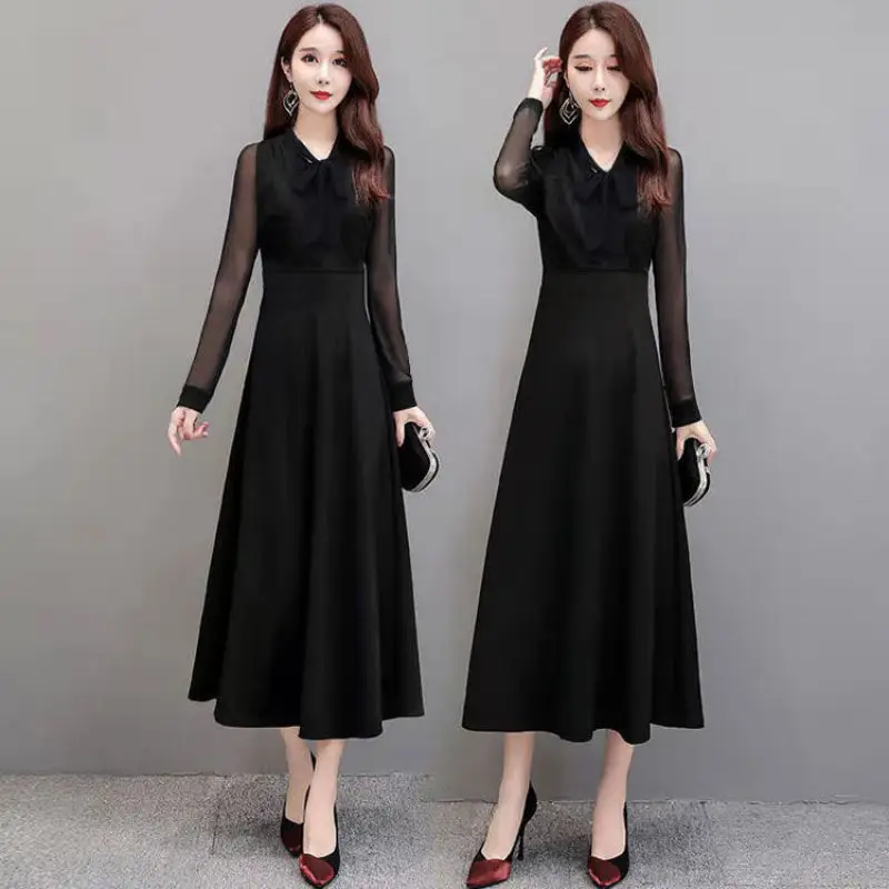 

Temperament 2021 autumn and winter bottomed long skirt Hepburn style joint mesh butterfly Scarf Collar Dress ol slim V-neck