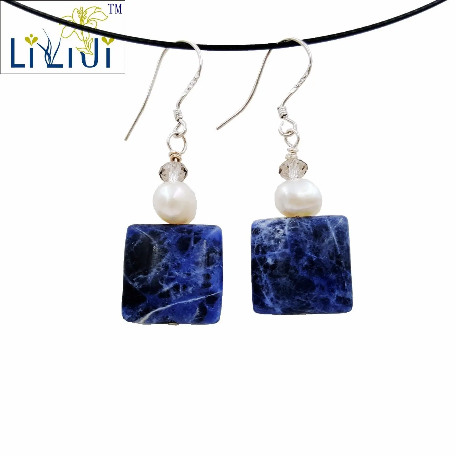 LiiJi Unique Natural Blue Sodalite&White Freshwater Pearl&Grey Crystal Dangle Earring