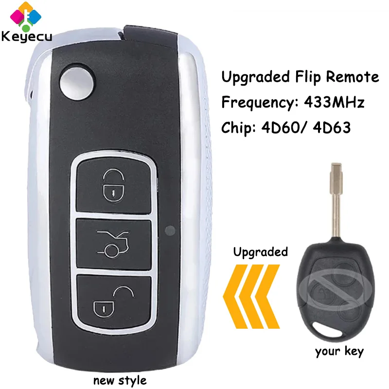 

KEYECU Upgraded Flip Remote Control Car Key Fob 3 Buttons 433MHz 4D60/ 4D63 Chip for Ford Transit Connect 2010 2011 2012 2013