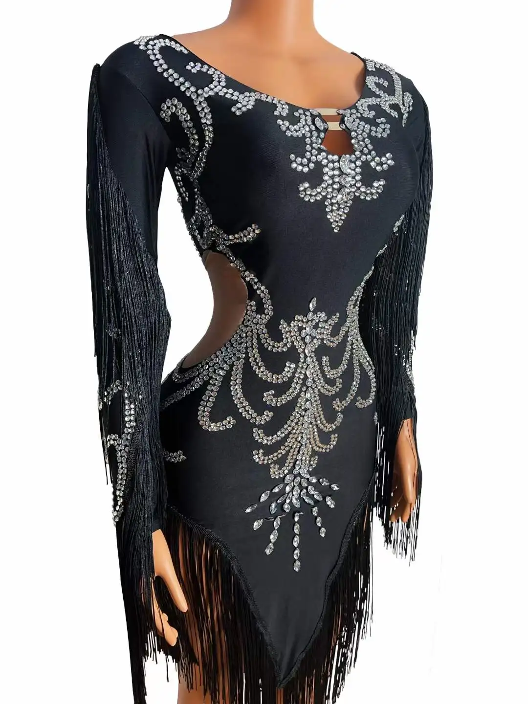 New Black Tassel Rhinestones Skinny Latin Dance Slit Dress Women Singer Dancer Stage Performance Wear Prom Evening Party Costume